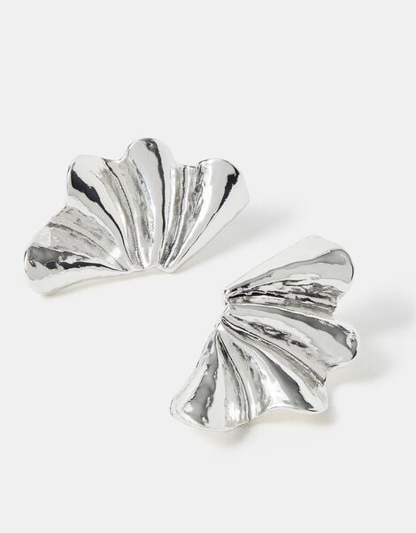 Sterling Silver-Plated Fan Stud Earrings, , large