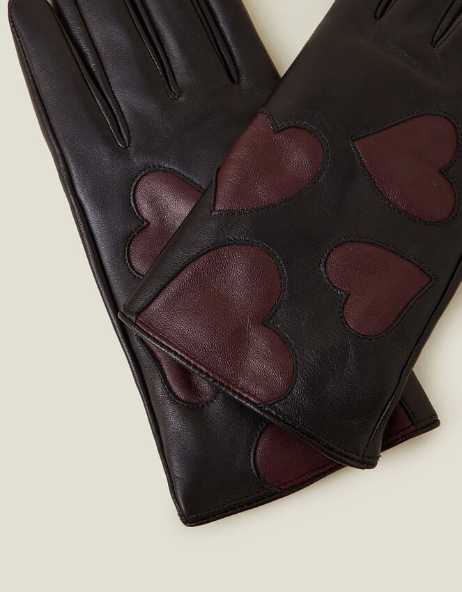Contrast Heart Leather Gloves, Black (BLACK), large