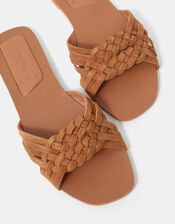 Woven Leather Slide Sandals, Tan (TAN), large
