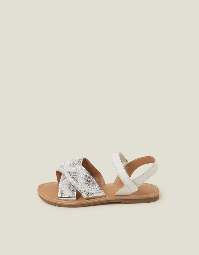 Girls Beaded Cross Strap Sandals, Ivory (IVORY), large