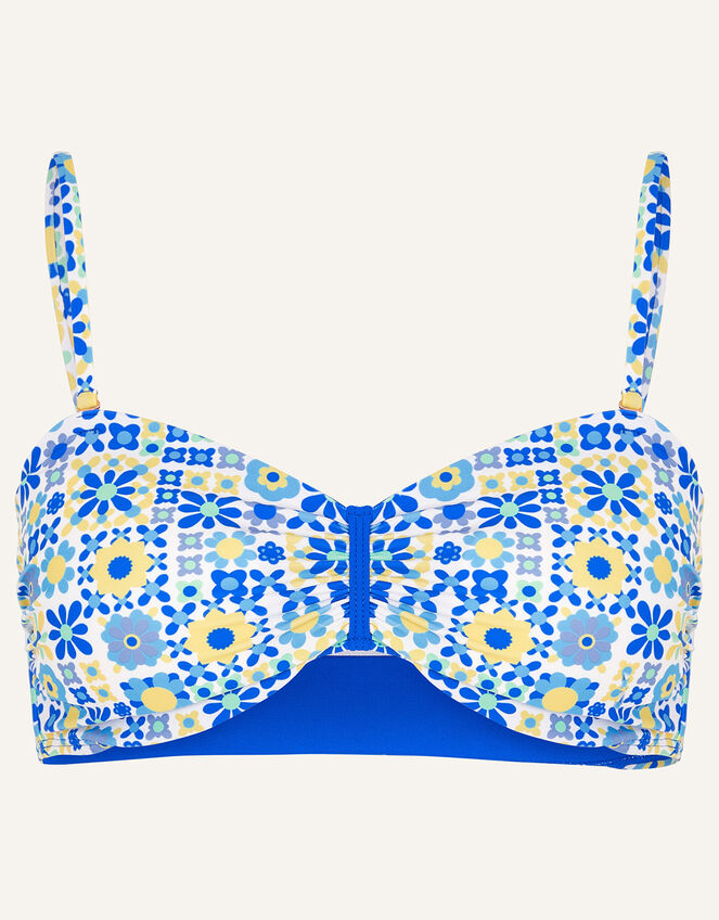 Retro Tile Print Bandeau Bikini Top, Blue (BLUE), large