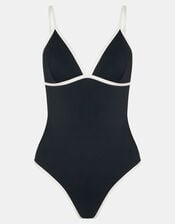 Contrast V-Neck Swimsuit, Black (BLACK), large