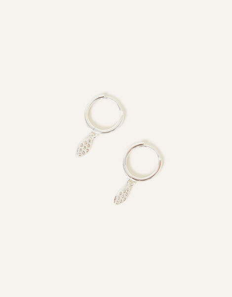 Sterling Silver Marquise Pave Huggie Hoops, , large