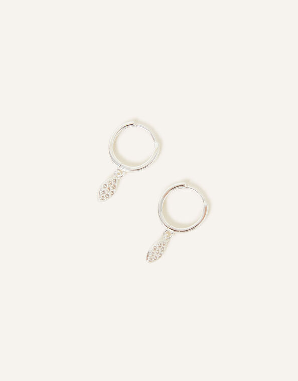 Sterling Silver Marquise Pave Huggie Hoops, , large