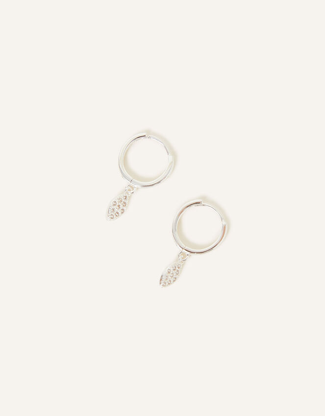Sterling Silver Marquise Pave Huggie Hoops, , large
