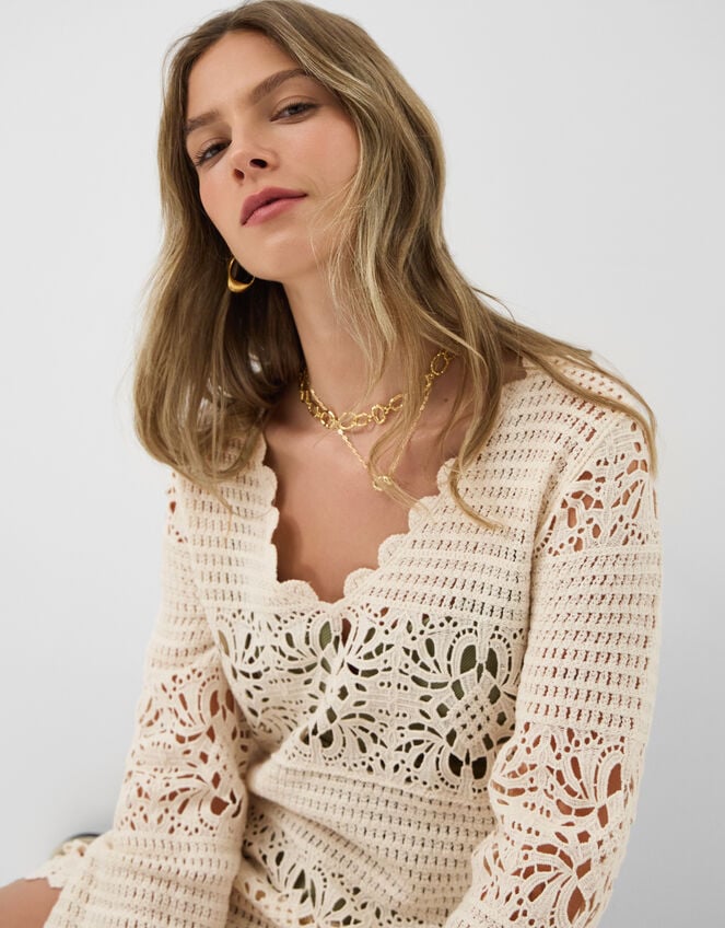 Crochet Long Sleeve Cover Up, Natural (NATURAL), large