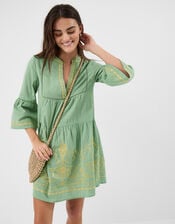 Embroidered Flute Sleeve Mini Dress, Green (GREEN), large
