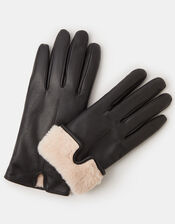 Faux Fur Lined Leather Gloves, Black (BLACK), large