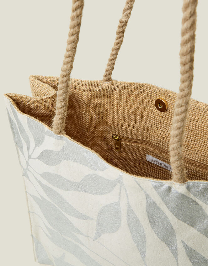 Metallic Leaf Print Shopper Bag, , large