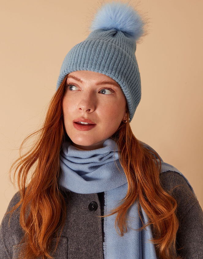 Knit Pom-Pom Beanie with Recycled Polyester, Blue (BLUE), large