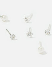 Sterling Silver Crystal Pearl Stud Set, , large