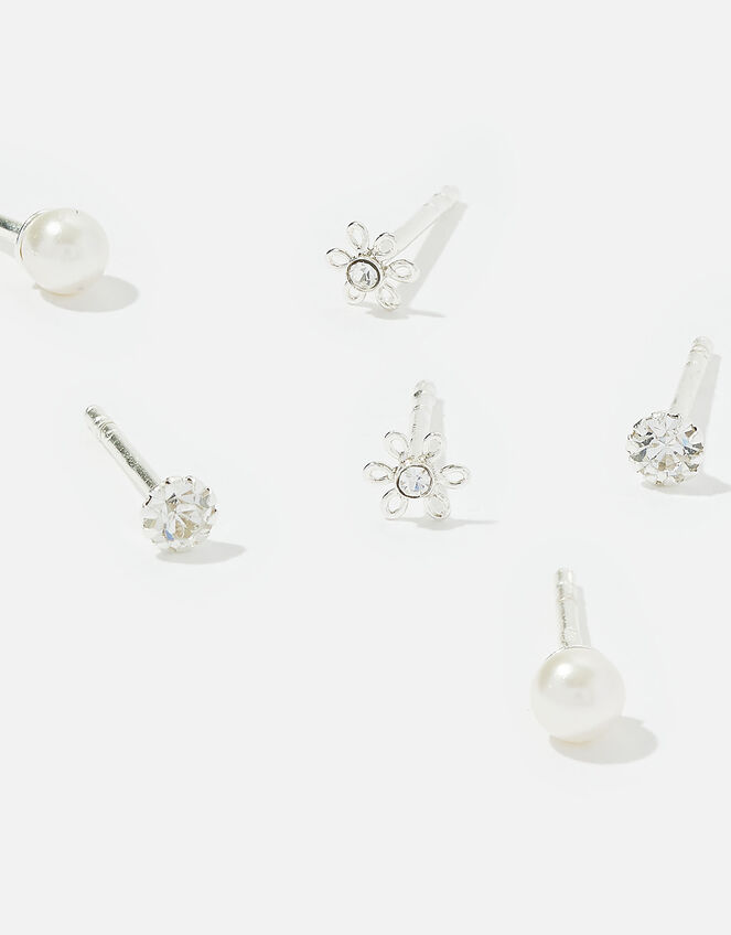 Sterling Silver Crystal Pearl Stud Set, , large