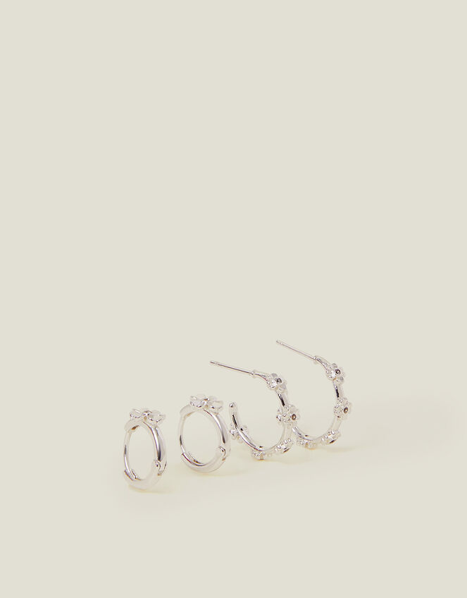 2-Pack Sterling Silver-Plated Flower Hoop Earrings, , large