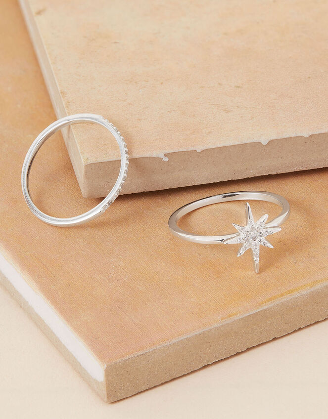 Sterling Silver Sparkle Star Ring Set of Two, White (ST CRYSTAL), large