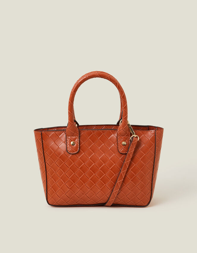 Mini Woven Faux Leather Handbag, Orange (ORANGE), large