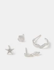 4-Pack Sterling Silver-Plated Shell Stud & Hoop Earrings, , large