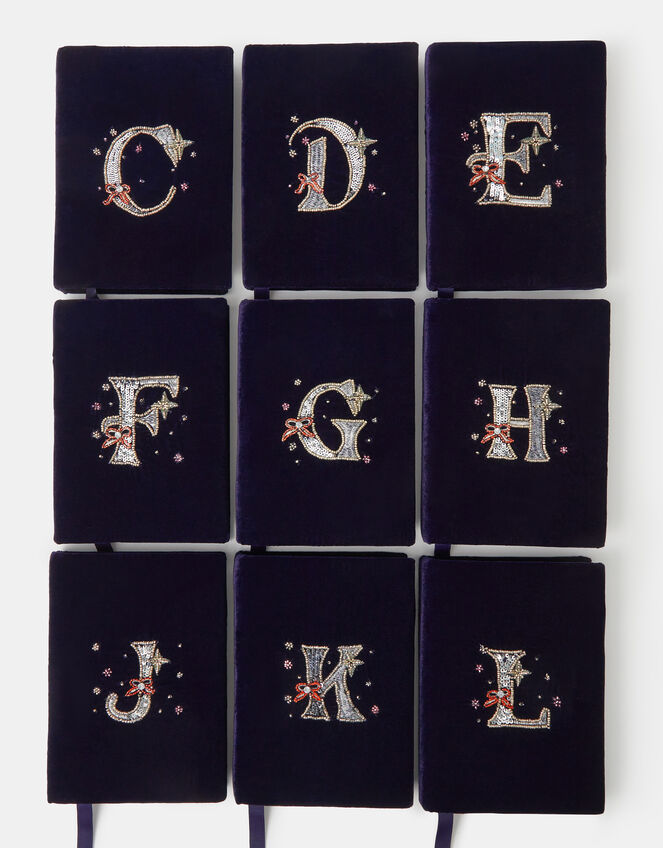 Sequin Initial Velvet Notebook, Blue (NAVY), large