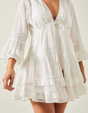 Broderie Ruffle Mini Kaftan Dress, White (WHITE), large