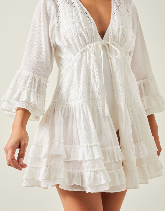 Broderie Ruffle Mini Kaftan Dress, White (WHITE), large