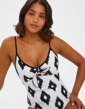 Monochrome Print Tie Front Swimsuit, Ivory (IVORY), large