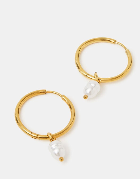 14ct Gold-Plated Stainless Steel Pearl Hoop Earrings, , large