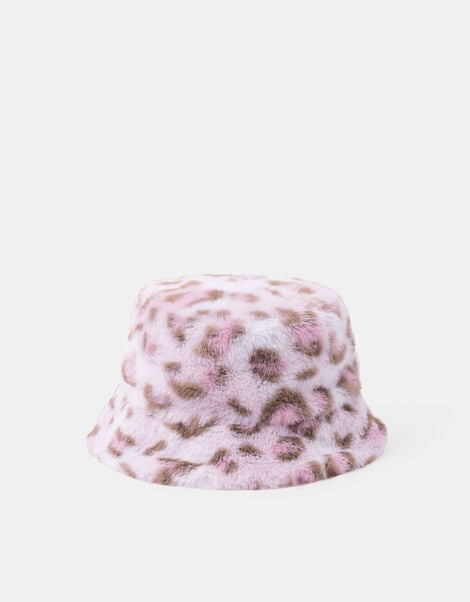 Girls Fluffy Leopard Print Bucket Hat, Leopard (LEOPARD), large