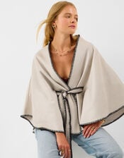 Contrast Trim Belted Poncho, , large