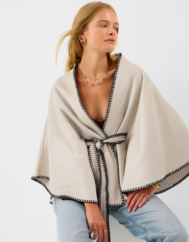 Contrast Trim Belted Poncho, , large