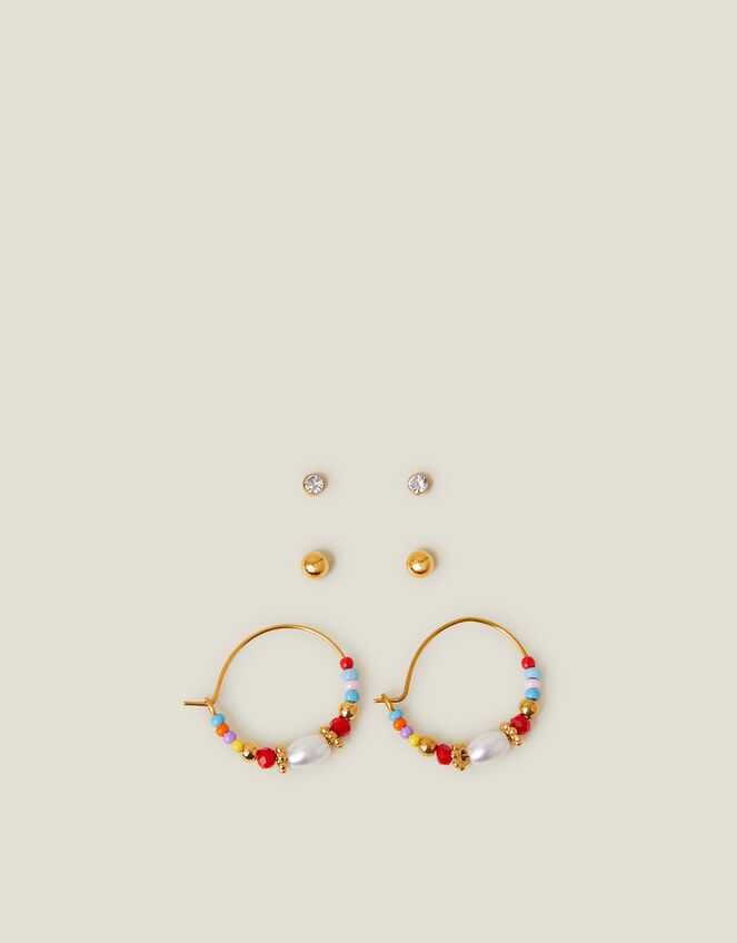 3-Pack 14ct Gold-Plated Stainless Steel Stud and Hoop Earrings, , large