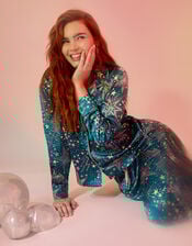 Star Print Satin Pyjama Set, Teal (TEAL), large