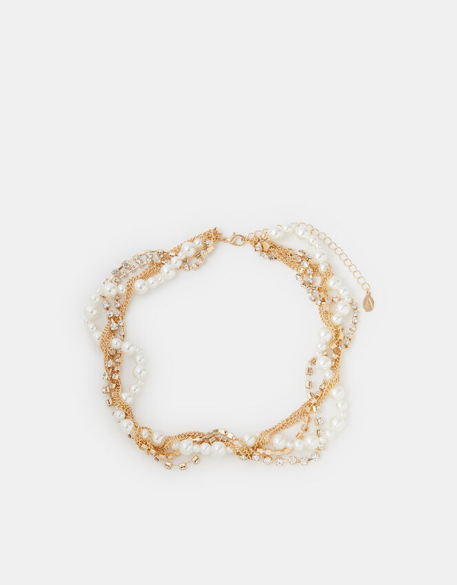 Twisted Diamanté Pearl Collar Necklace, , large