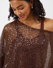 Sheer Sequin Poncho, Brown (CHOCOLATE), large