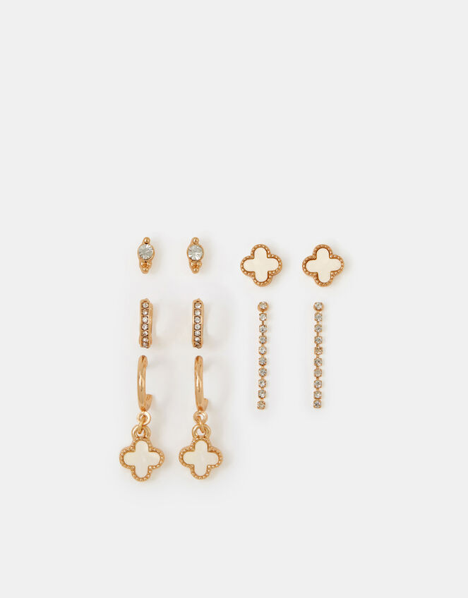 5-Pack Pearl Clover Stud & Hoop Earrings, Gold (GOLD), large