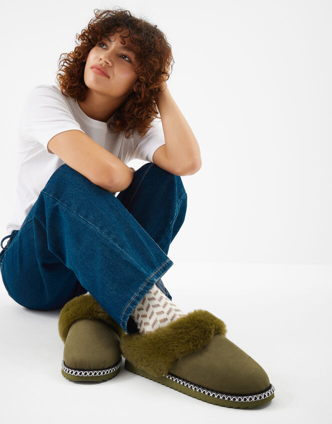 Faux Fur Lined Mule Slippers, Green (KHAKI), large