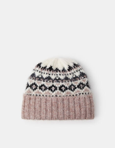 Embellished Fair Isle Beanie Hat, , large