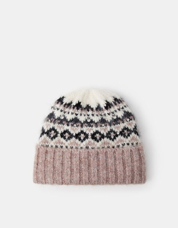 Embellished Fair Isle Beanie Hat, , large