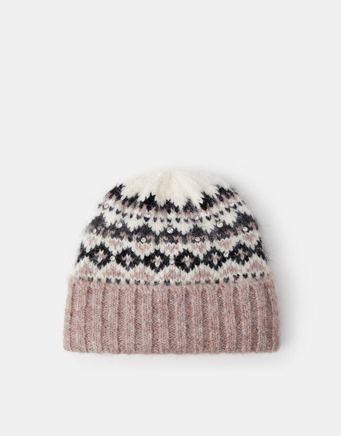 Embellished Fair Isle Beanie Hat, , large