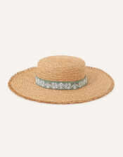 Embroidered Band Boater Hat, , large