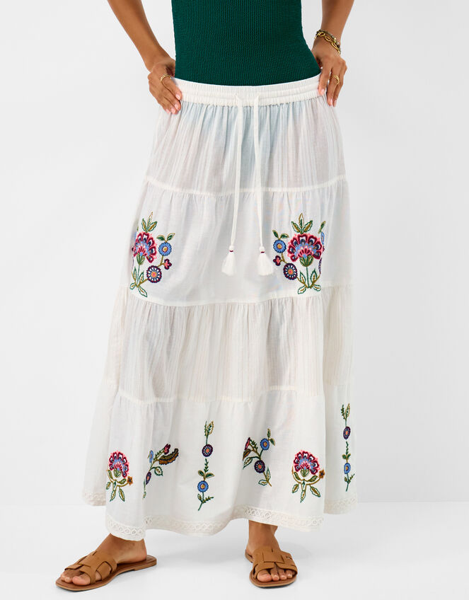 Floral Embroidered Tiered Maxi Skirt, Ivory (IVORY), large