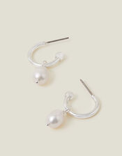 Sterling Silver Chunky Pearl Drop Hoops, , large