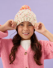 Girls Cable Knit Bobble Hat, Ivory (IVORY), large