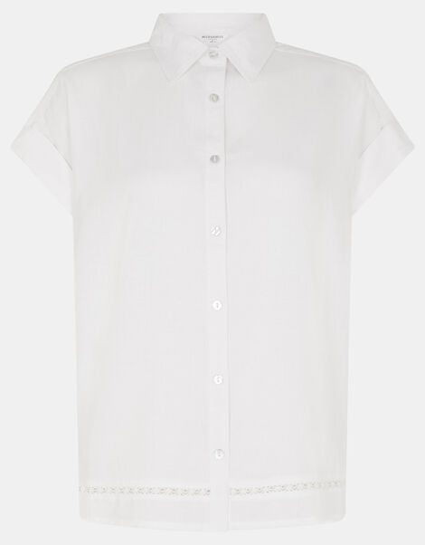 Lace Trim Linen Shirt , White (WHITE), large