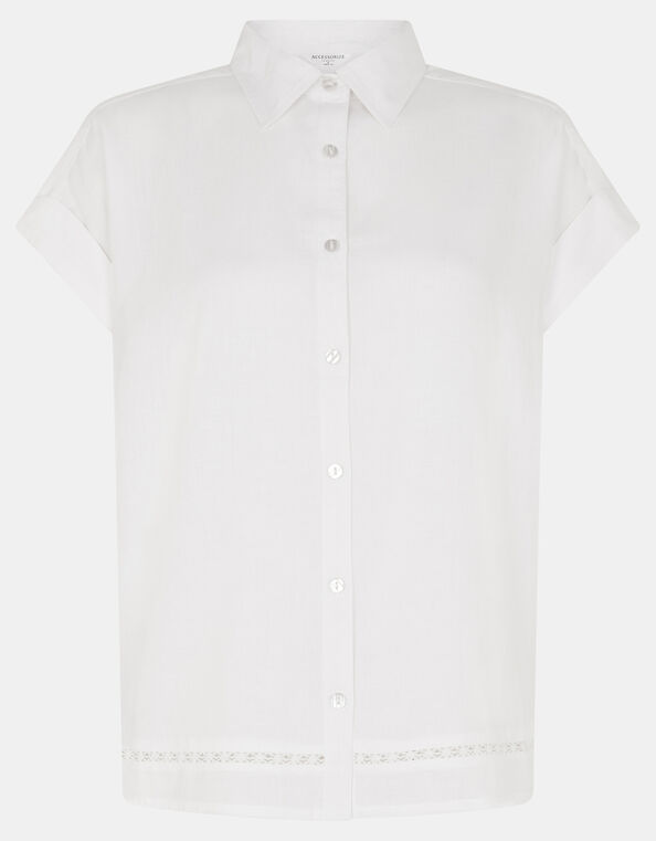 Lace Trim Linen Shirt , White (WHITE), large