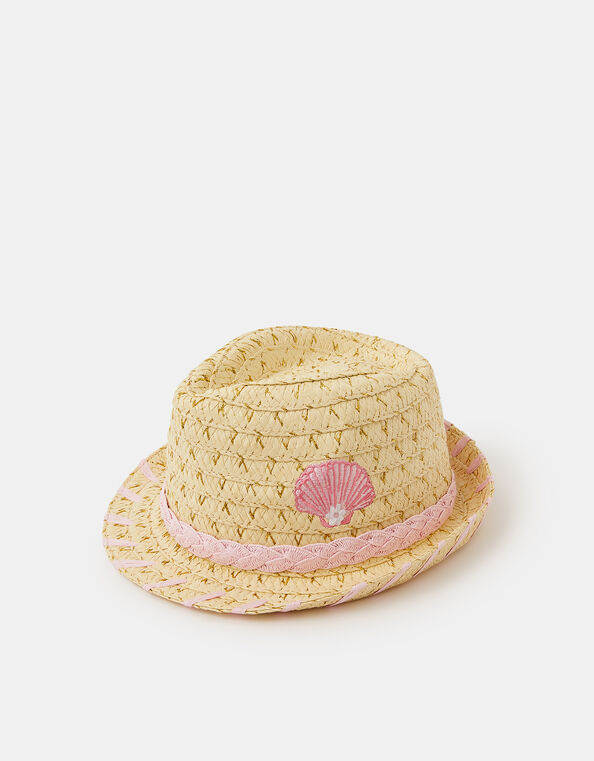 Girls Seashell Straw Trilby Hat, Natural (NATURAL), large