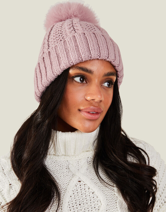 Faux Fur Pom-Pom Beanie Hat Pink | Hats | Accessorize UK