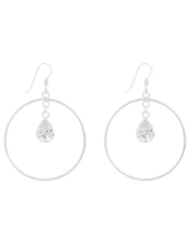 Sterling Silver Hooped Drop Earrings with Crystals, , large