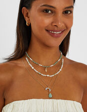 Feather Pendant Bead Layered Necklace Turquoise, , large