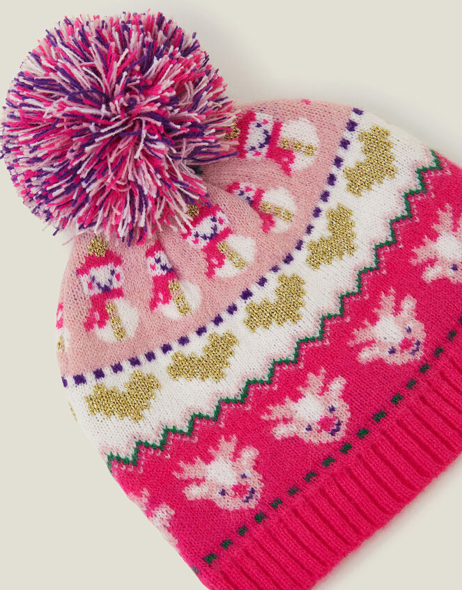 Girls Christmas Fair Isle Beanie Hat, Pink (PINK), large