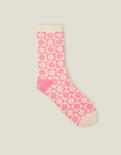 Checkerboard Flower Print Socks, , large