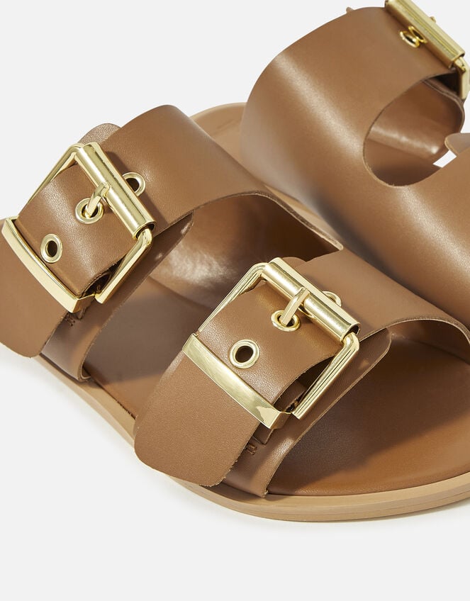 Chunky Buckle Leather Sandals , Tan (TAN), large